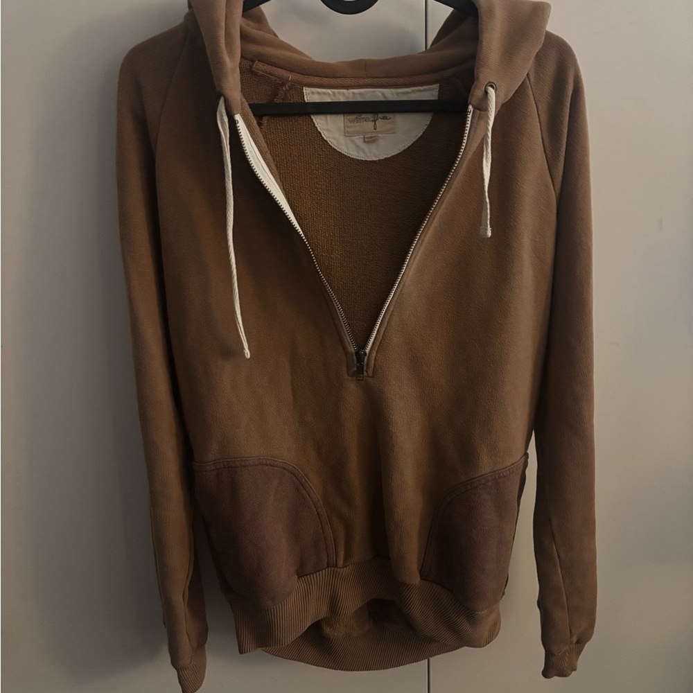 Wilfred Free Brown Half-Zip Hooded Sweater with Contrast Pockets